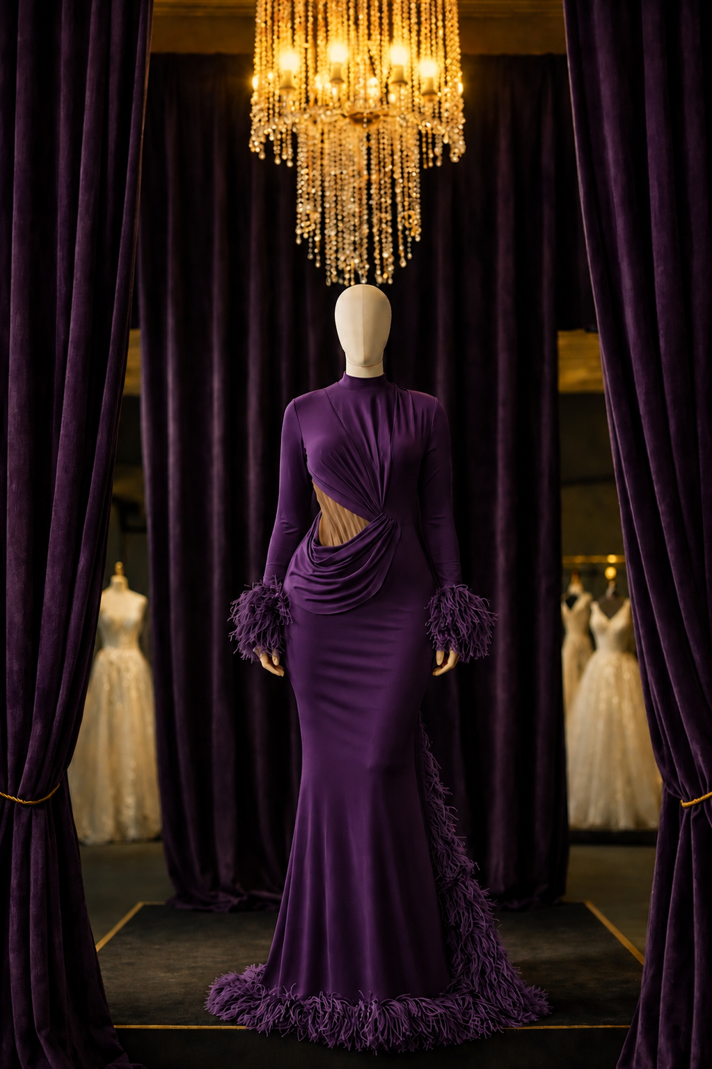 Deep Plum Long Sleeve Cut-Out Maxi Dress with Feathers