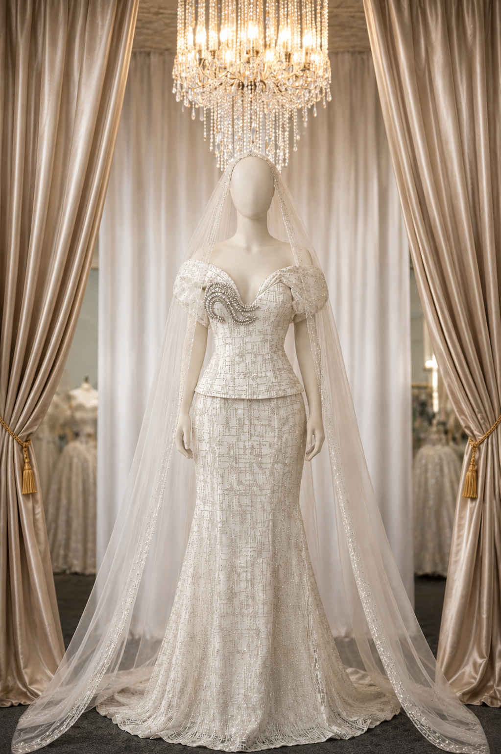 Aurelia Cross-Hatch Beaded Peplum Gown