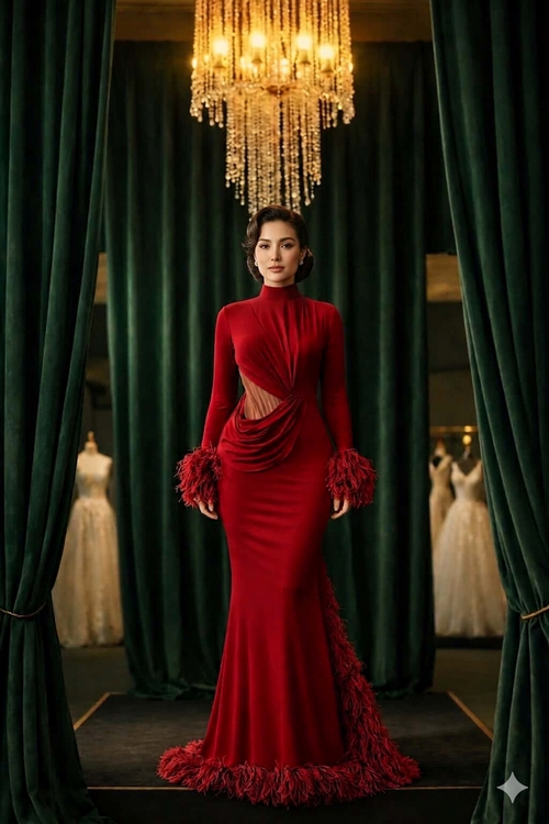 Deep Plum Long Sleeve Cut-Out Maxi Dress with Feathers