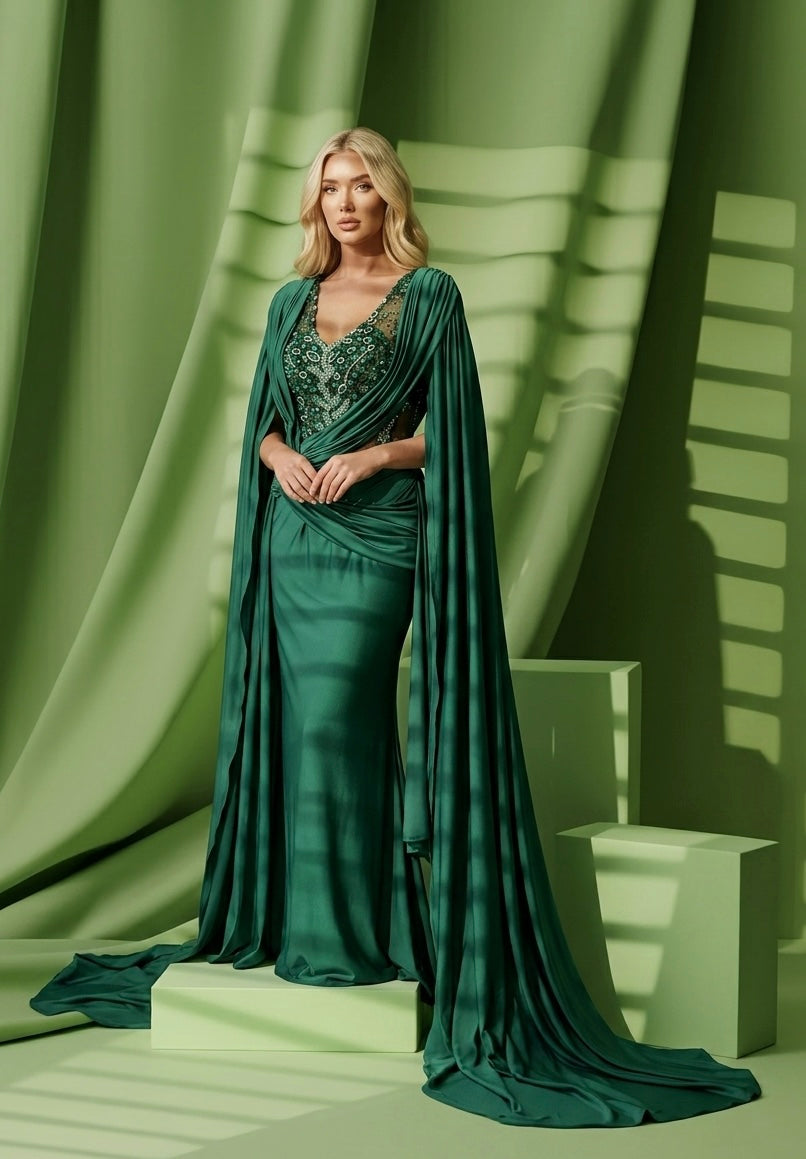 Artemis Cape Sleeved Embellished Gown