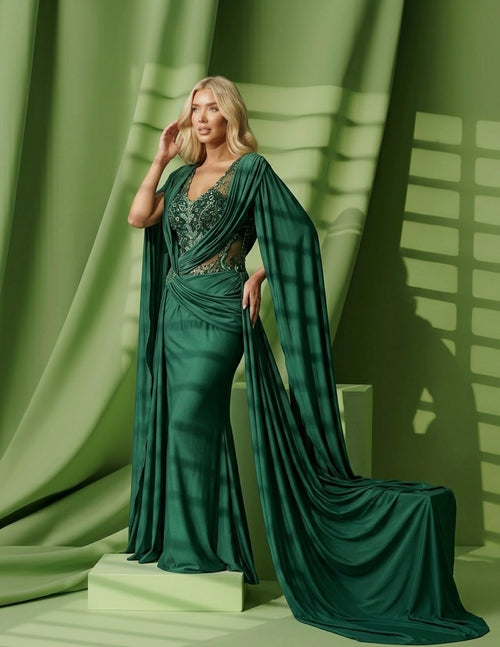 Artemis Cape Sleeved Embellished Gown