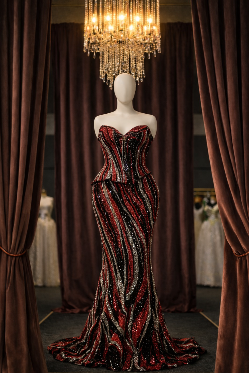 Phoenix Strapless Swirl Sequin Mermaid Dress
